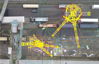 CAD Projektplanung über Demontage einer Verladebrücke durch Tandemhub mit Mobilkranen LTM 1750 und LTM 1500